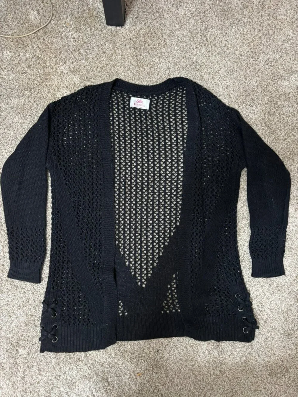 Justice Girls Open Front Cardigan Sweater Size 8 Black Crochet Lace Up Detail